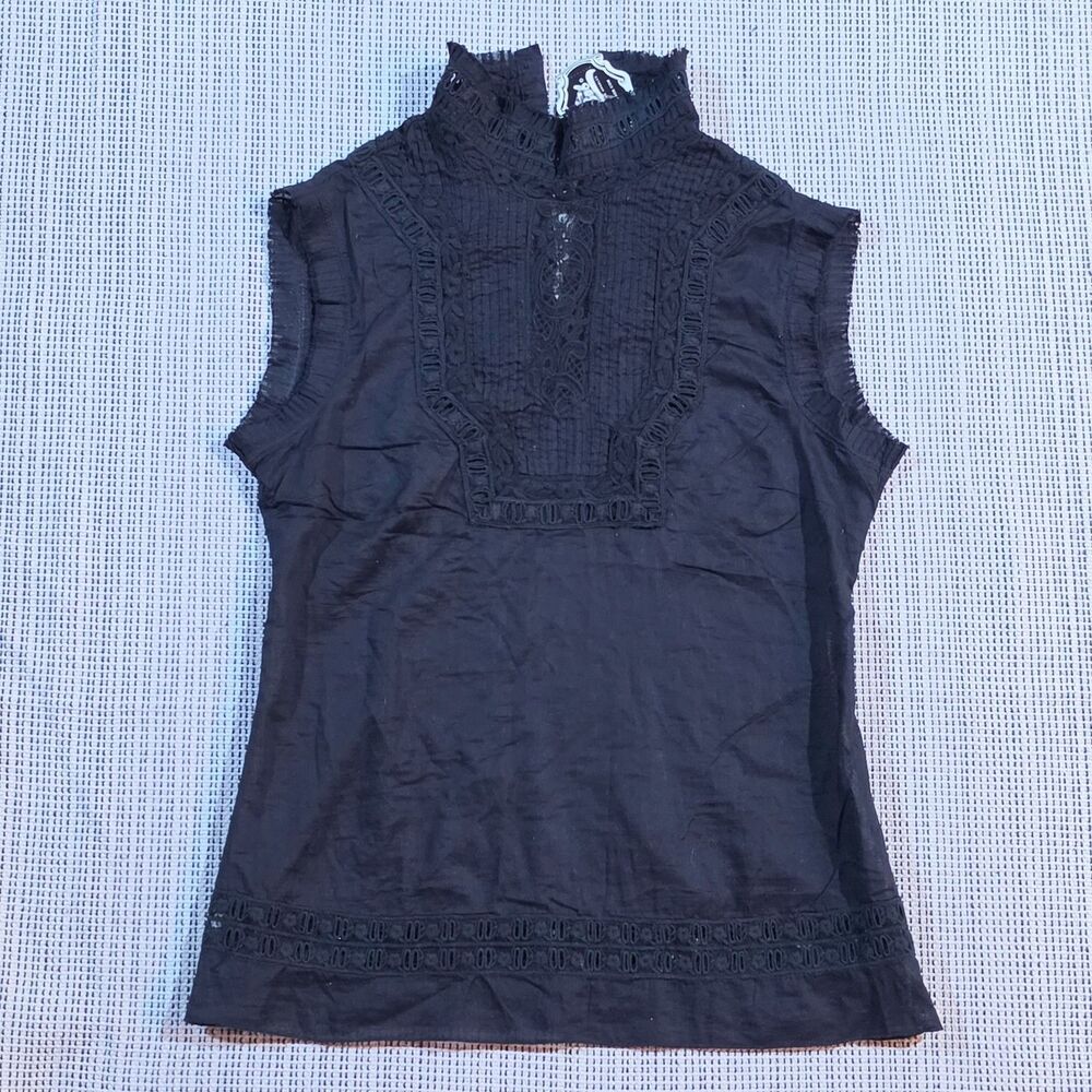 Hale Bob Black Mock Neck Sleeveless Embroidered Gothic Top Women's M Vintage NWT